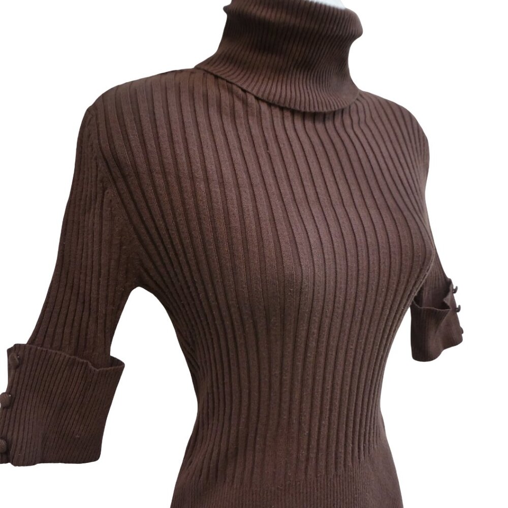 Vintage Bette Paige Brown Ribbed Knit Pullover Sweater Turtleneck Half Sleeves L - Picture 3 of 8
